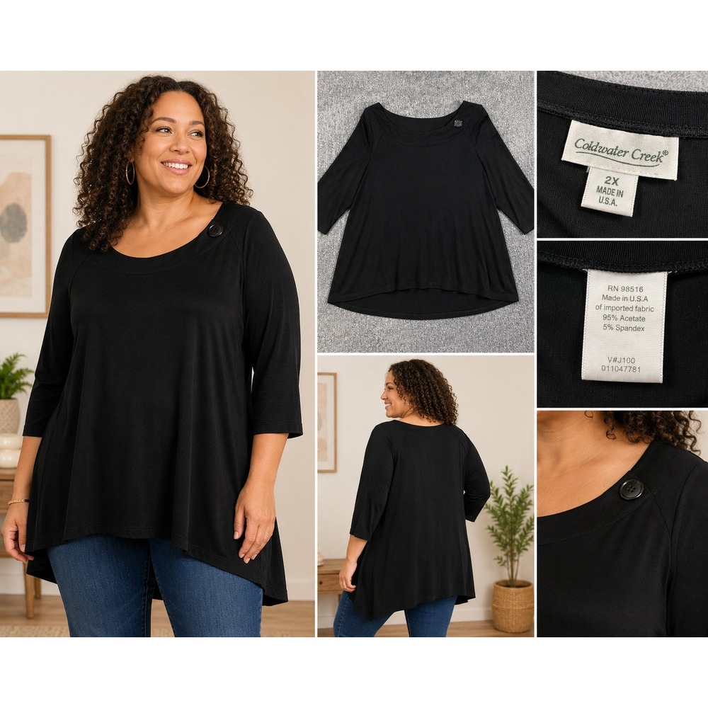 Coldwater Creek Black Boat Neck Tunic Top 3/4 Sleeve Plus Size 2X Made in USA